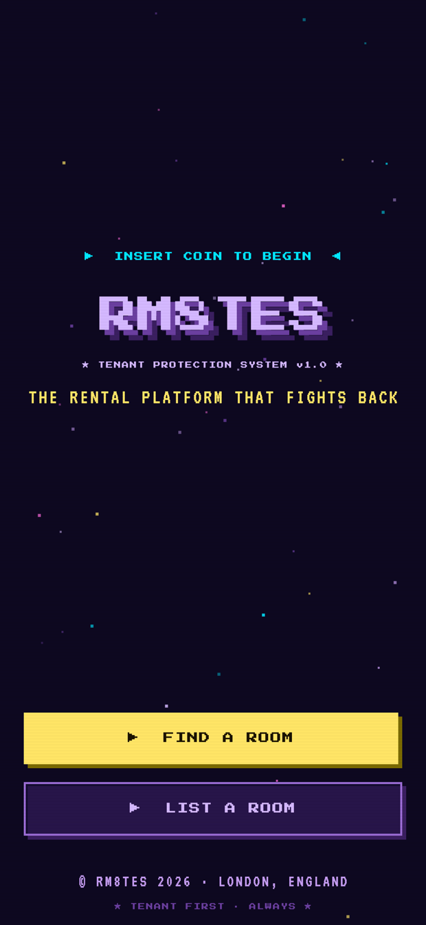 The rm8tes start screen: a blinking &ldquo;insert coin to begin&rdquo; line above the logo, with Find a room and List a room buttons.