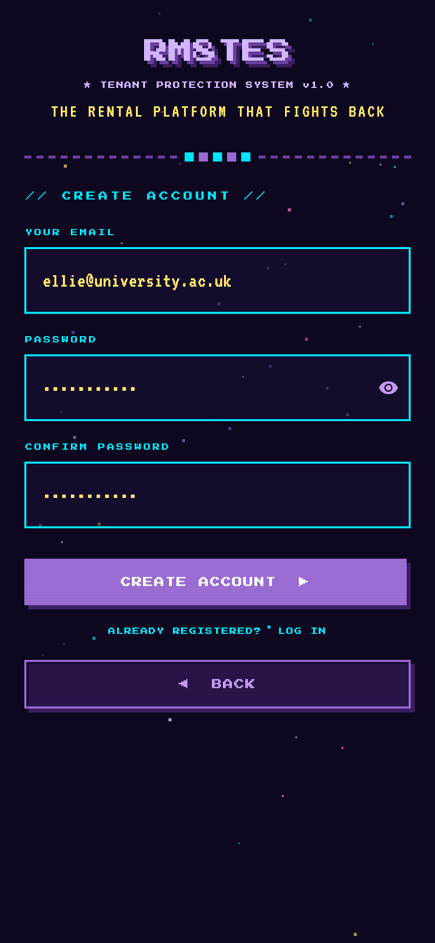 The create-account form with email, password and confirm-password fields filled in.