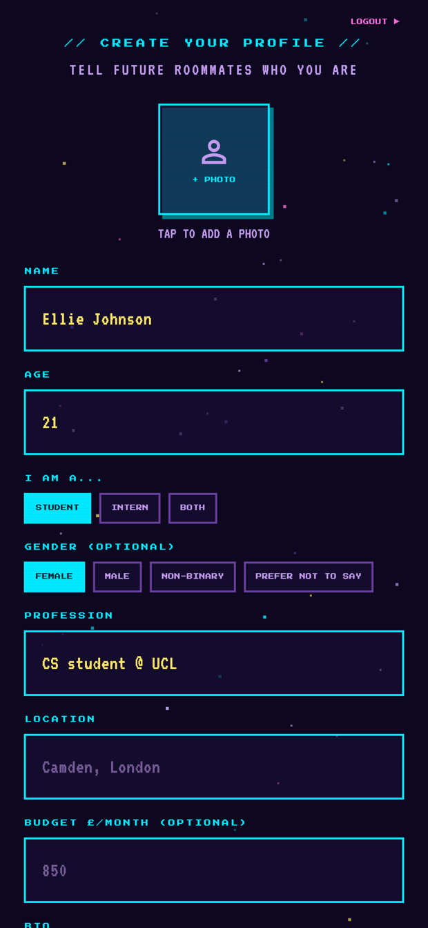 The profile form with name Ellie Johnson, age 21, Student and Female selected, and profession and location filled in.