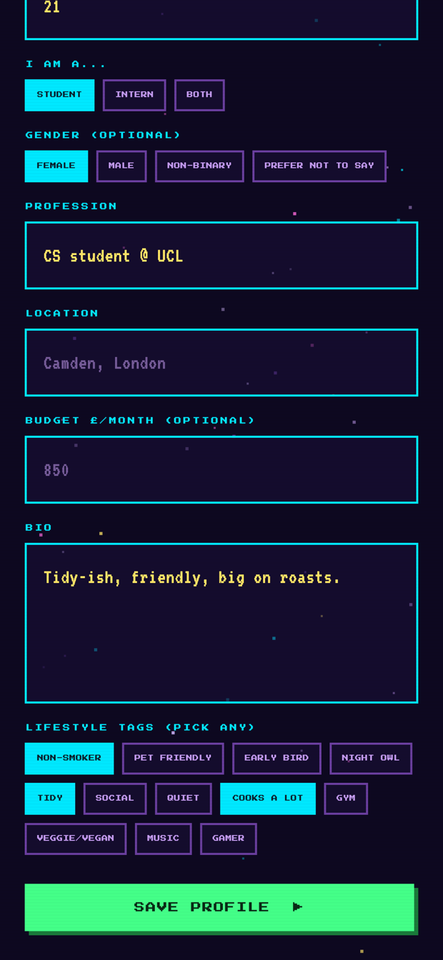 The lower half of the profile form: a bio field, a grid of lifestyle tags with three selected, and a green Save profile button.
