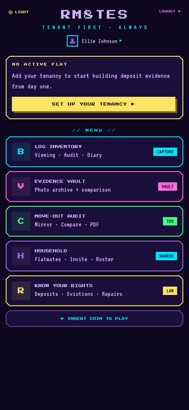 The home screen with no active flat: a prompt to set up your tenancy, above the menu of log inventory, evidence vault, move-out audit, household and know your rights.