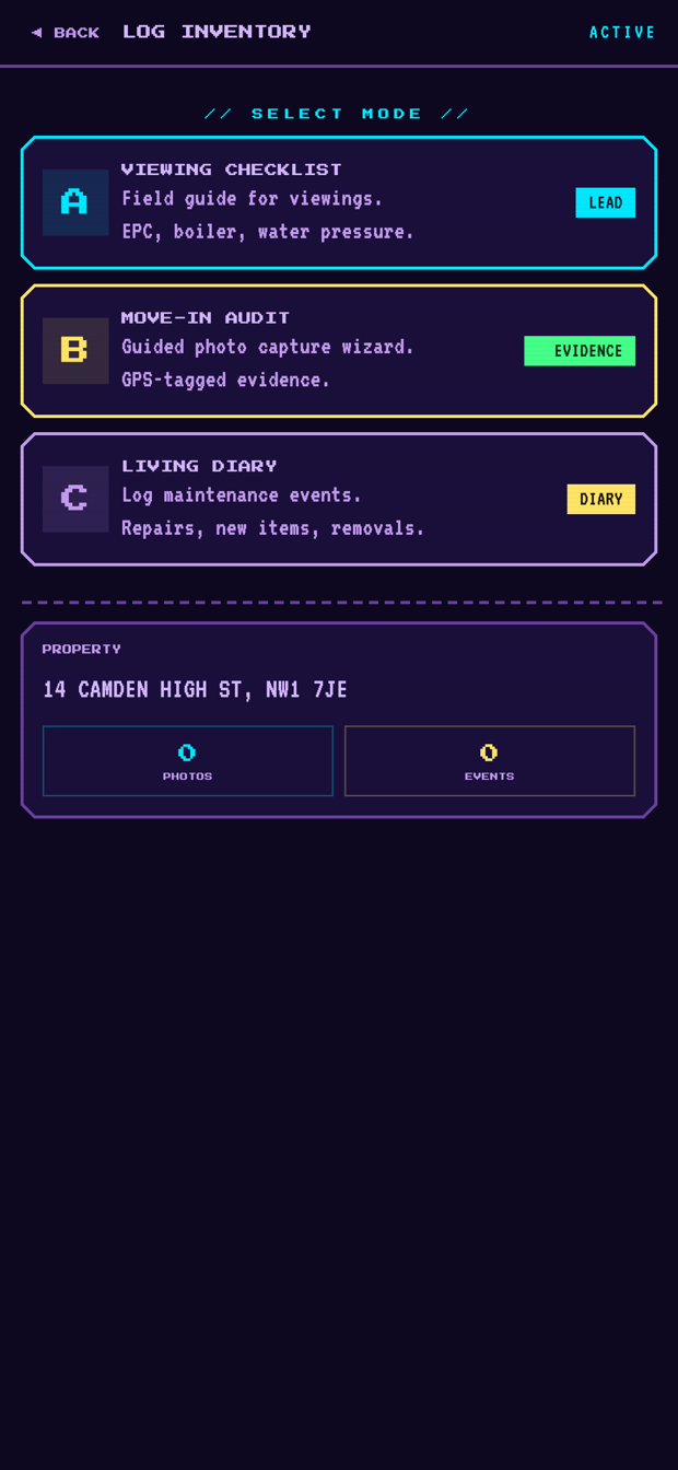 The log inventory menu with three modes: viewing checklist, move-in audit and living diary.