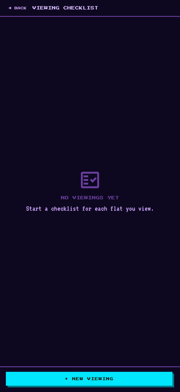 The viewing list before anything is saved, reading &ldquo;no viewings yet&rdquo;, with a new viewing button at the bottom.