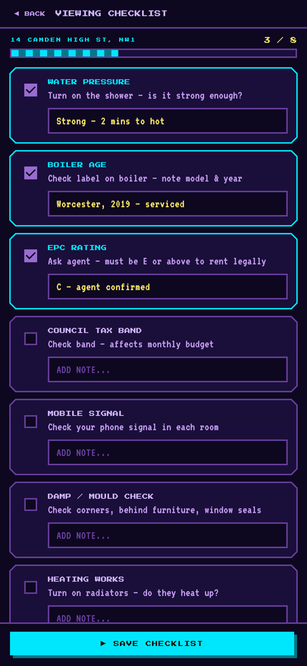 The viewing checklist with three items ticked and notes typed against each, and a progress bar reading three of eight.