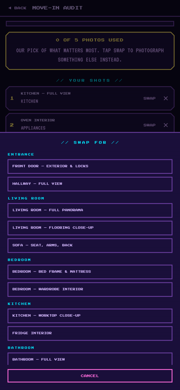 The swap sheet over the list: other shots to choose from, grouped under entrance, living room, bedroom, kitchen and bathroom headings, above a cancel button.