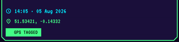 The capture preview strip: capture time, latitude and longitude, and a green GPS tagged badge.