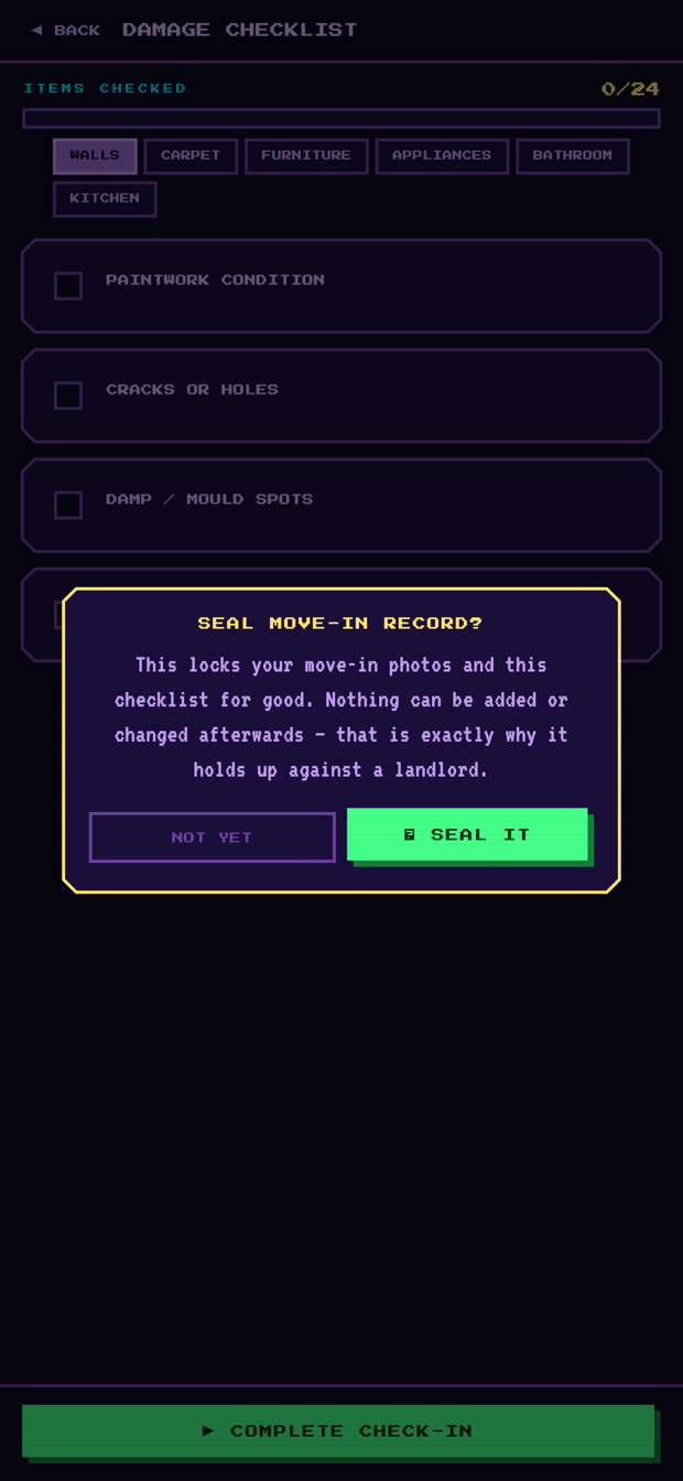 The seal move-in record dialog warning that it locks the photos and checklist for good, with not yet and seal it buttons.