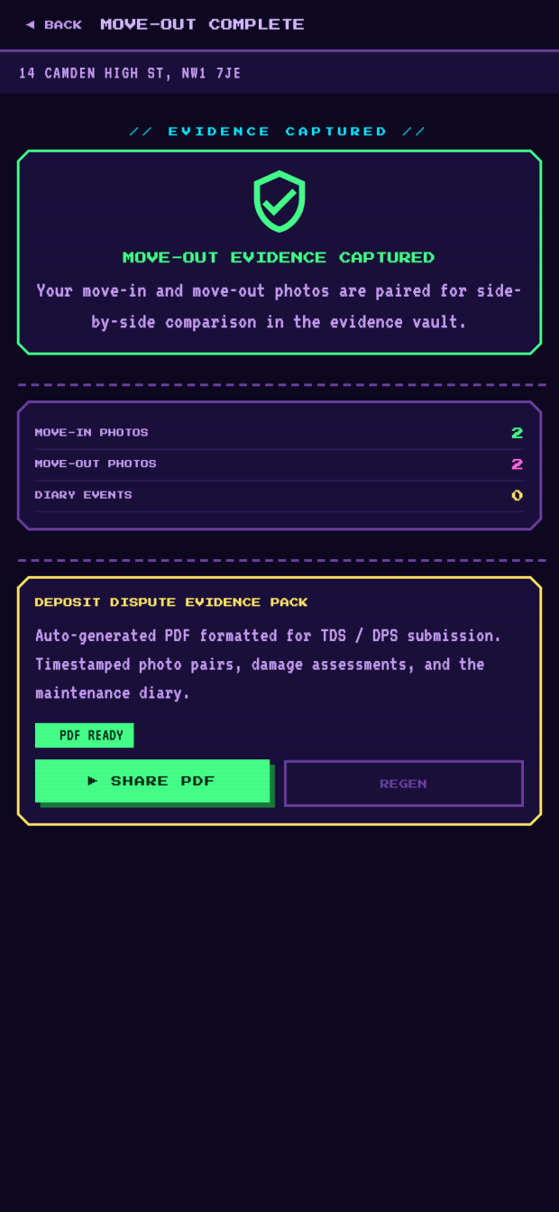 The move-out complete screen: a summary of move-in and move-out photo counts and diary events, and a ready deposit dispute evidence pack with share and regenerate buttons.
