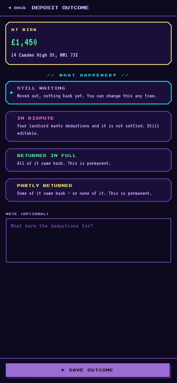 The deposit outcome screen: an at risk amount, and four choices, still waiting, in dispute, returned in full, and partly returned.