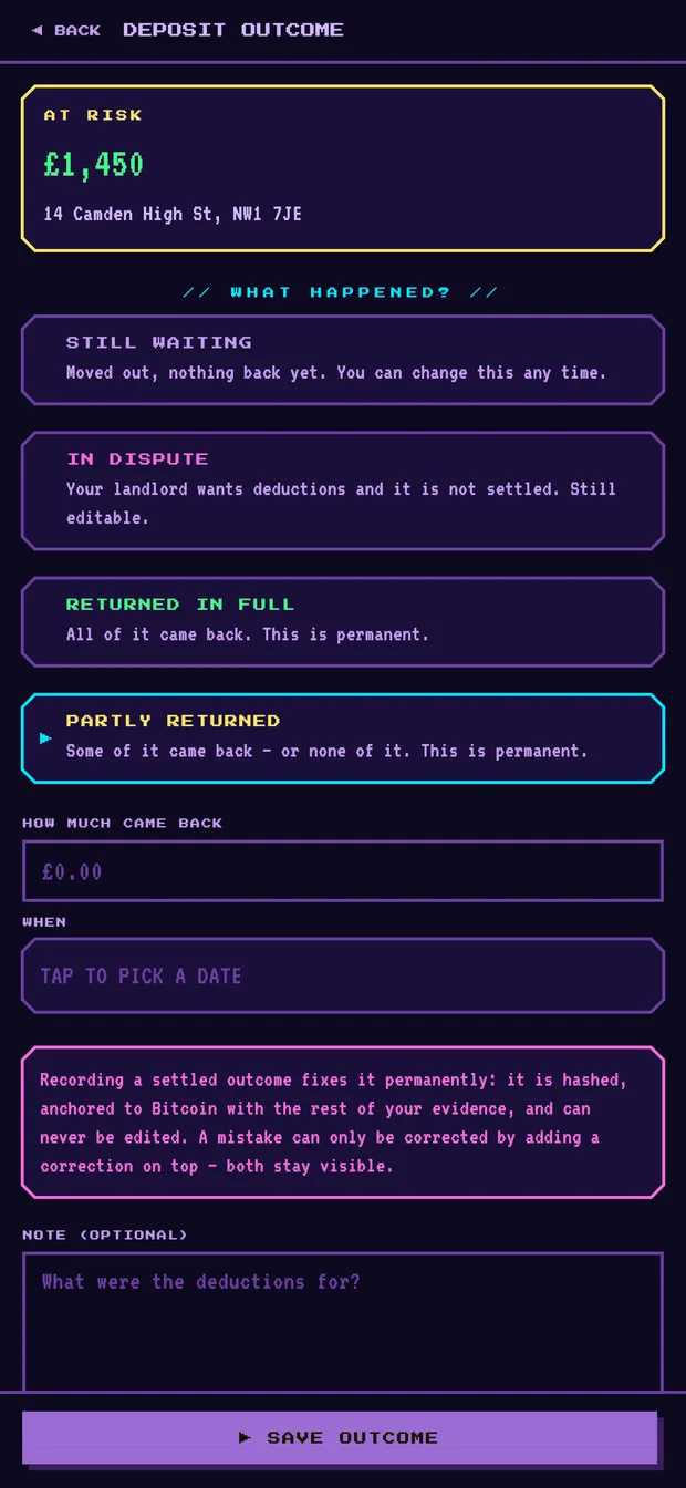 The deposit outcome form with partly returned selected, fields for how much came back and when, and a warning that recording a settled outcome is permanent.