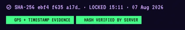 A photo's fingerprint and lock time, with GPS plus timestamp evidence and hash verified by server badges beneath it.